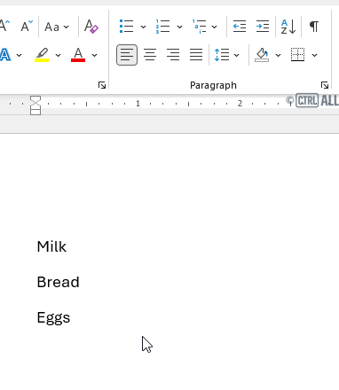 Numbered list demonstration in Word